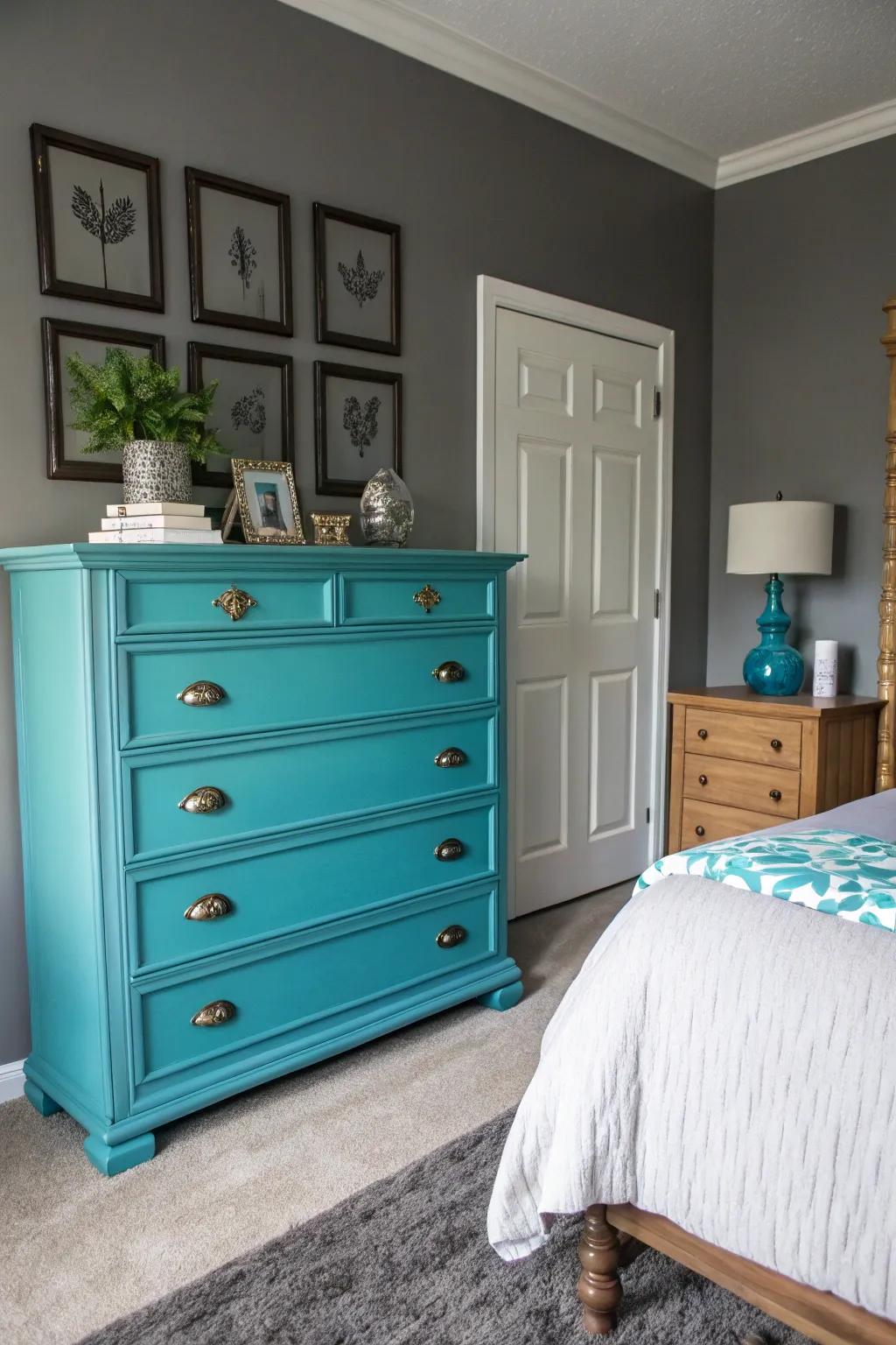 Custom-painted turquoise dresser adding personality