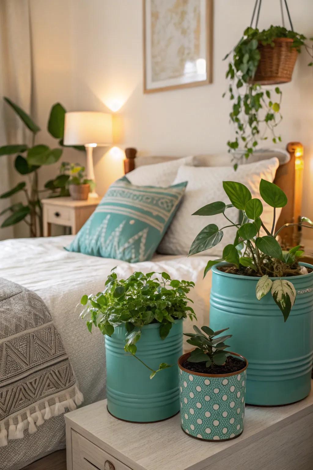 Turquoise pots adding vibrancy to indoor plants