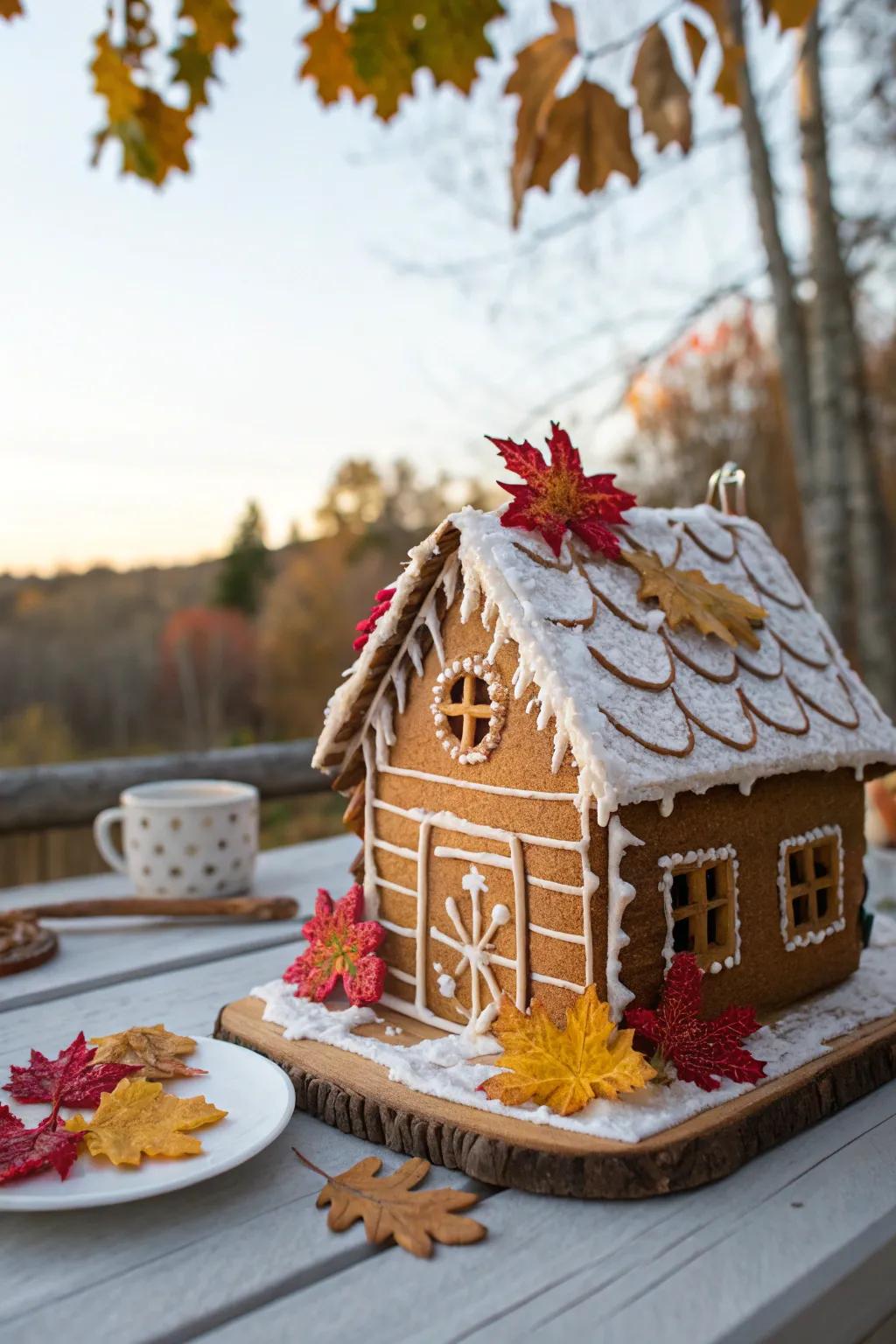 Candied leaves adding a fresh green accent to the gingerbread cabin.