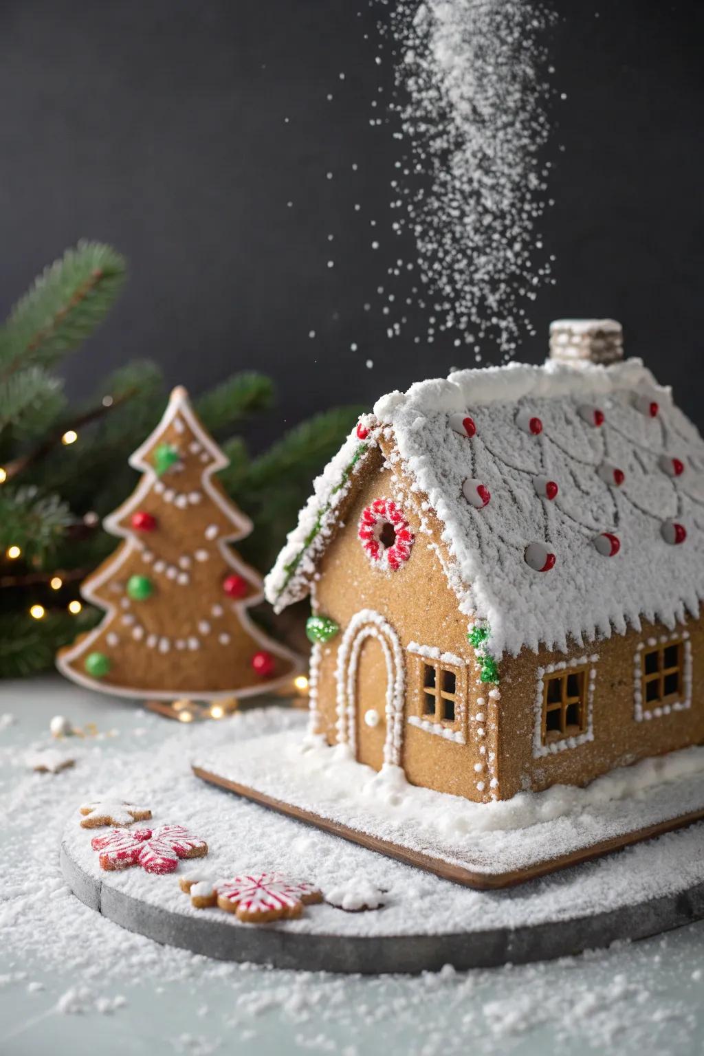 Gingerbread cabin roof dusted with powdered sugar resembling fresh snow.