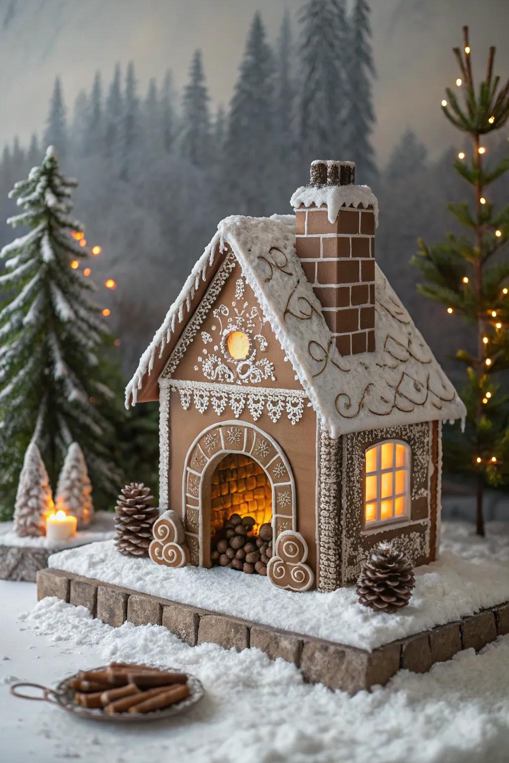 A warm chocolate stone fireplace adding coziness to the gingerbread cabin.