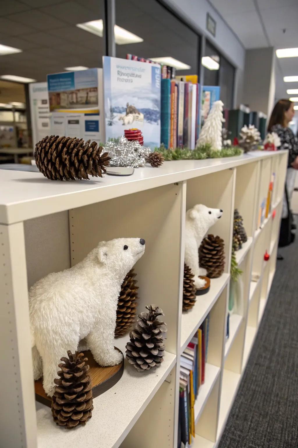 Polar bear figurines and pinecones add charm and nature-inspired warmth.