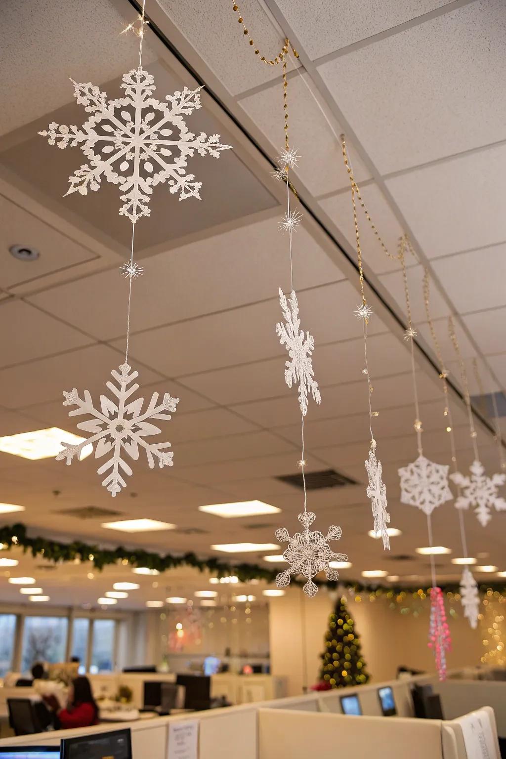 Snowflake decorations suspended from the ceiling add winter magic.