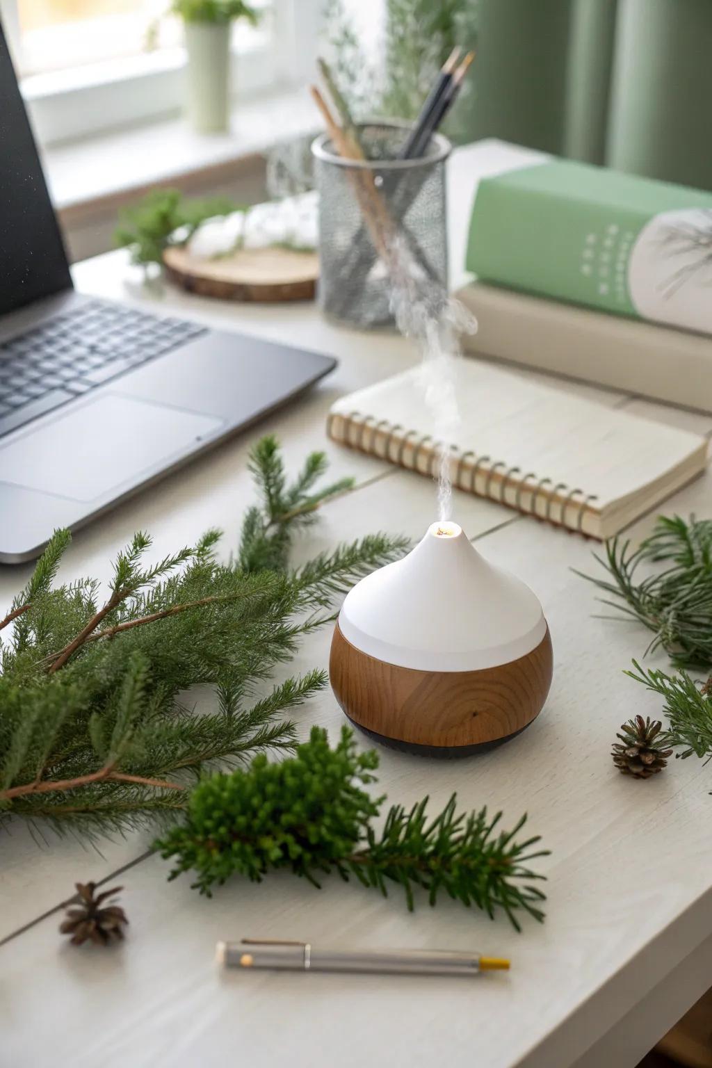 Scent diffusers fill the office with fresh winter forest fragrances.