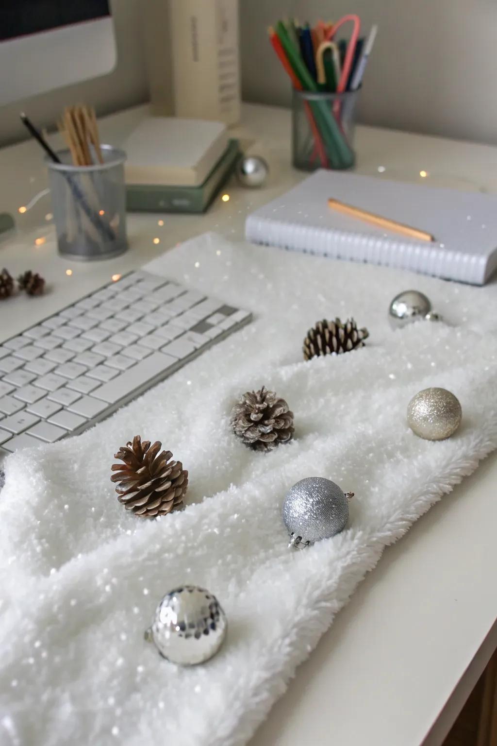 Desk decorated with snow-like elements for a winter vibe.