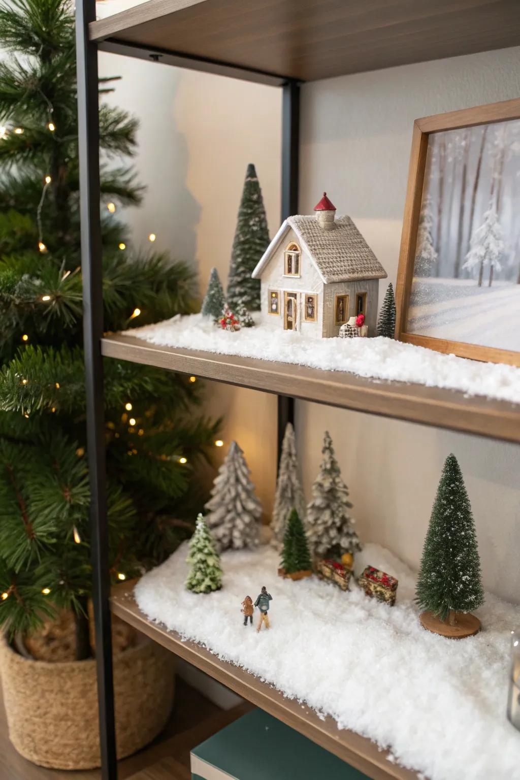 Miniature winter scenes add whimsy and charm to office spaces.
