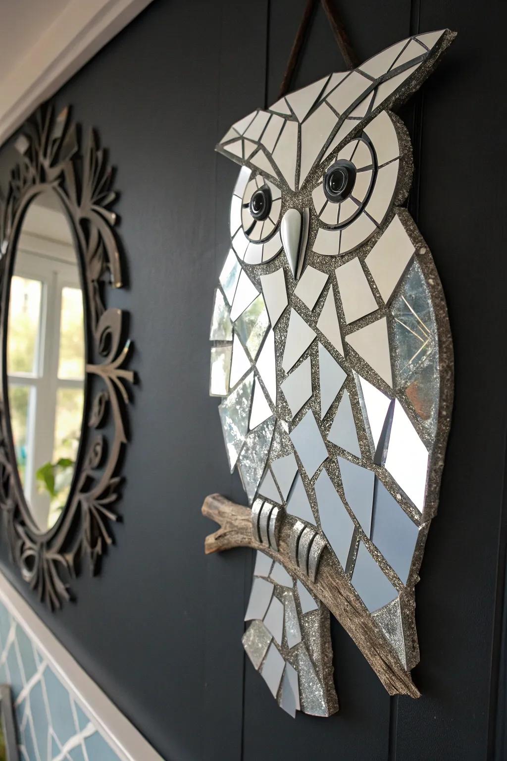 Mirror shards arranged to form animal shapes for home decor.
