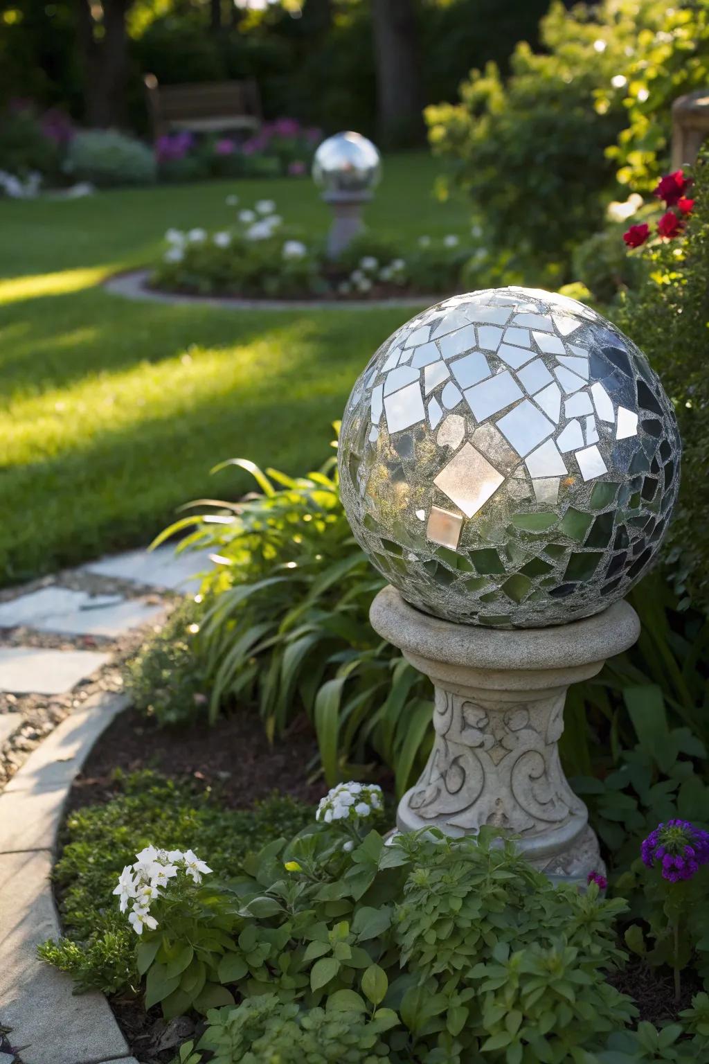 Gazing mirror ball sparkling in a garden setting.