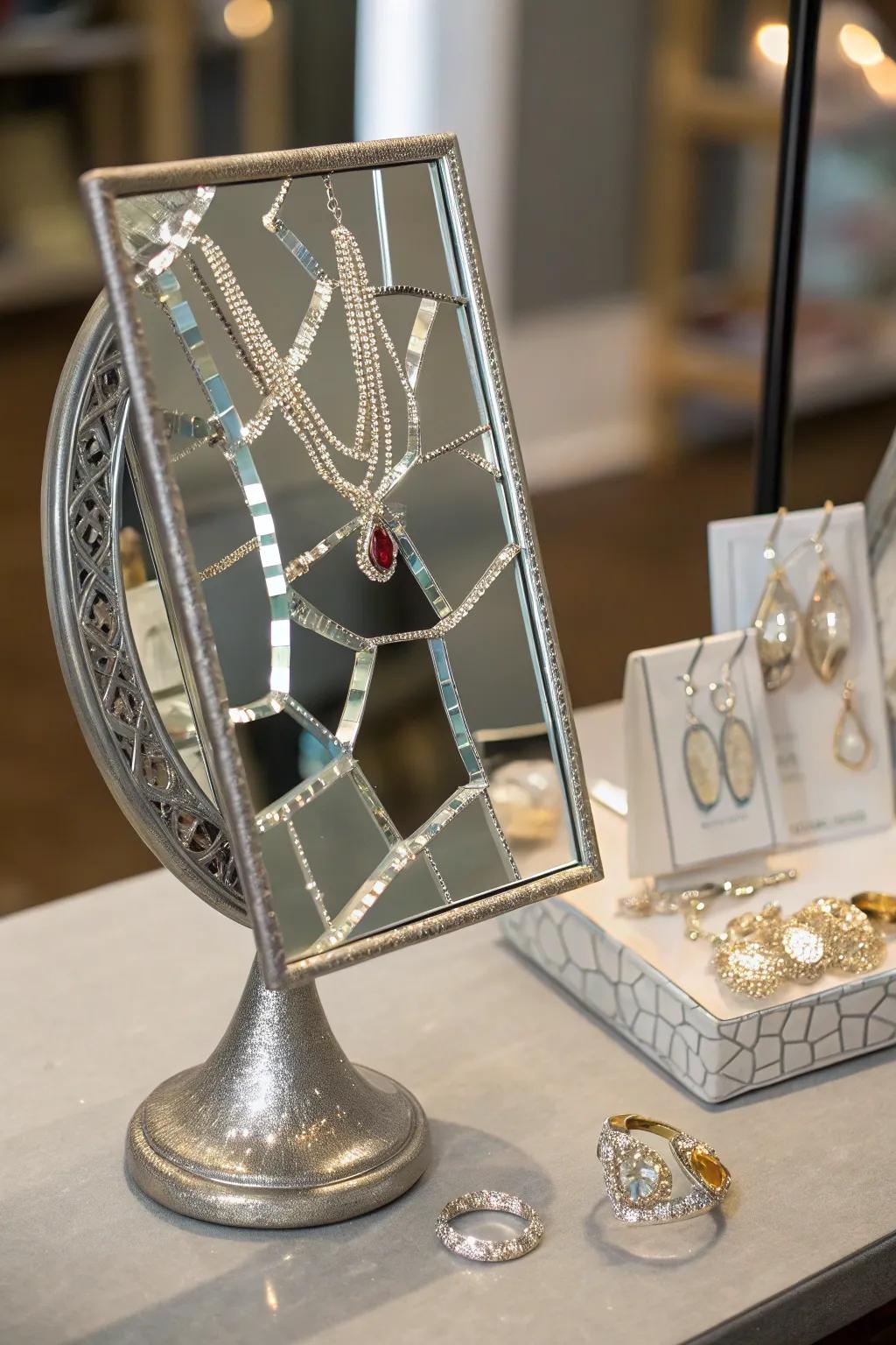 Mirror-based jewelry display showcasing necklaces and rings.