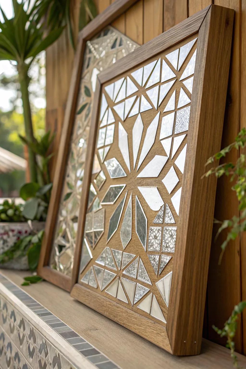 Detailed mosaic artwork made from broken mirror pieces.