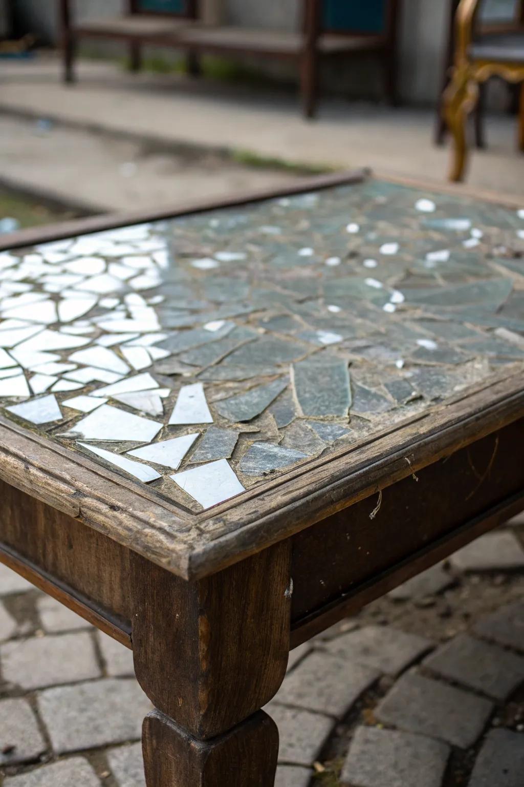Old table transformed with a mirror-covered surface.