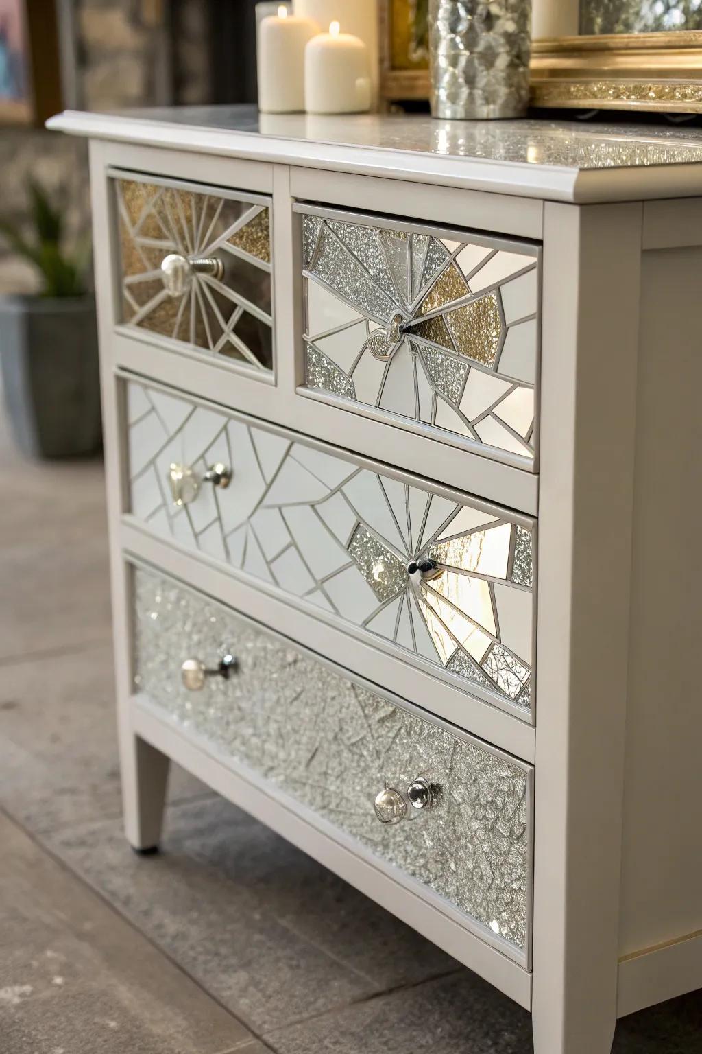 Furniture enhanced with mirrored accents for a stylish look.