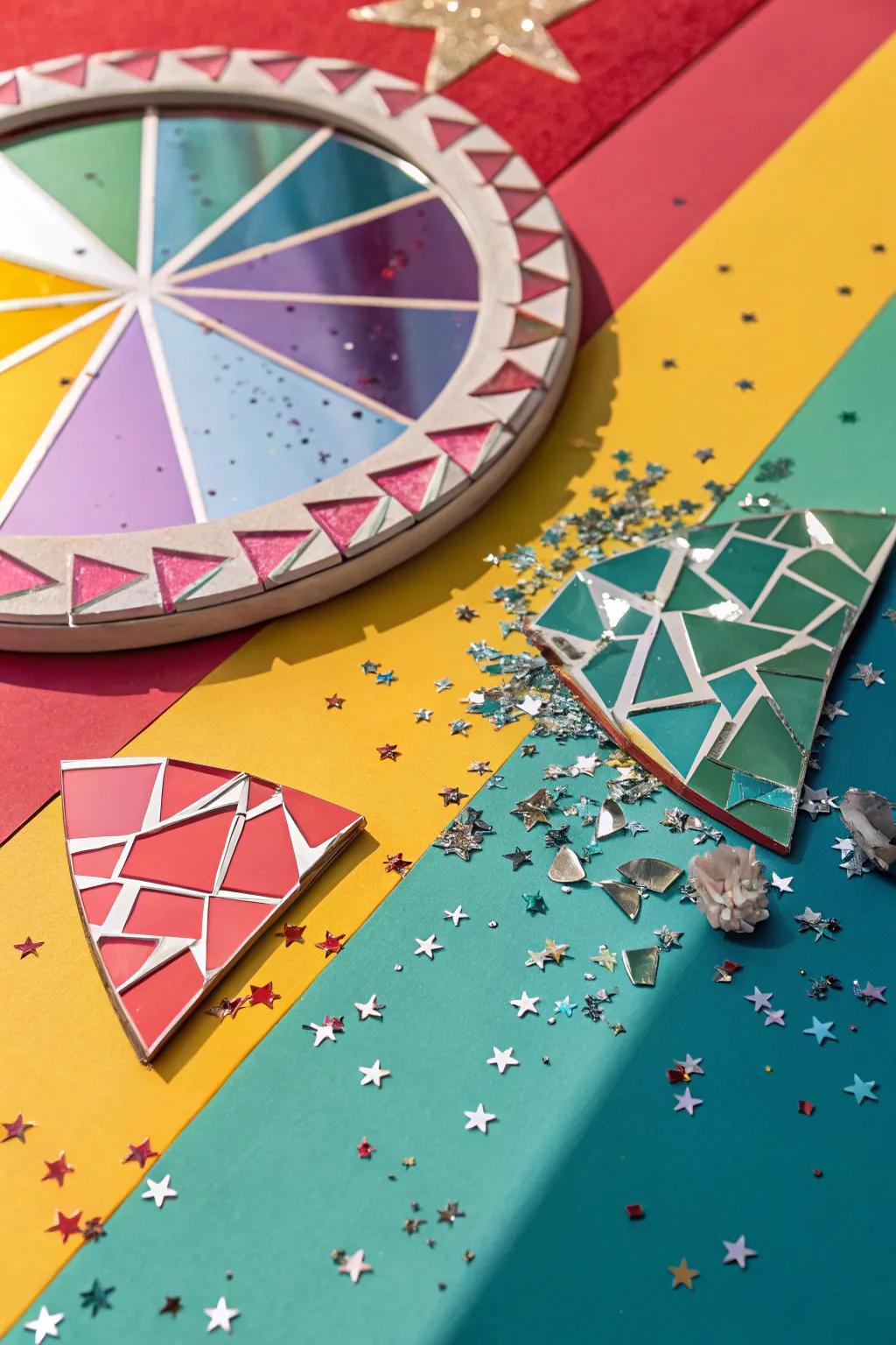 Mirror art enhanced by colorful background for contrast.