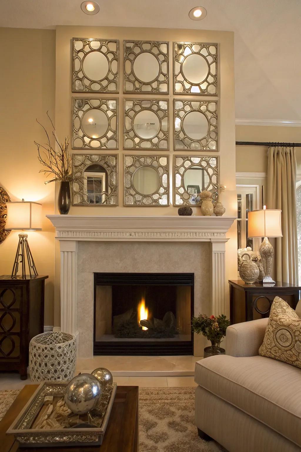 Fireplace decorated with mirror art for a luxurious look.