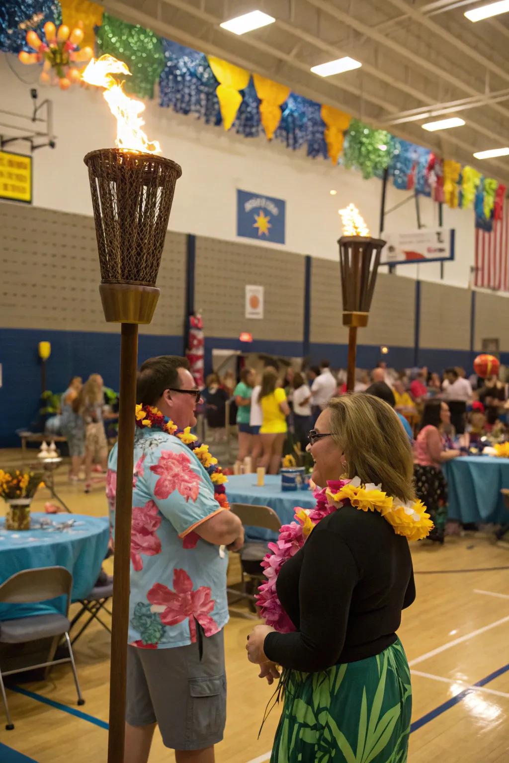 A tropical luau-themed attendance party with vibrant decorations.