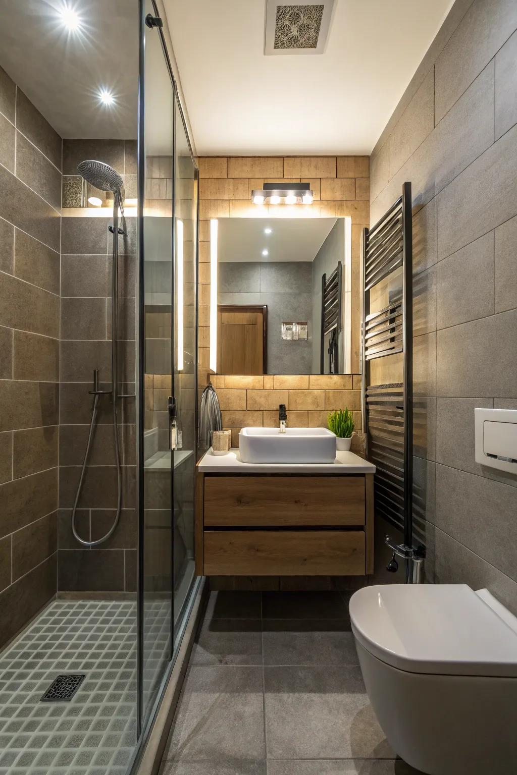 Tinted shower panels adding depth and style.