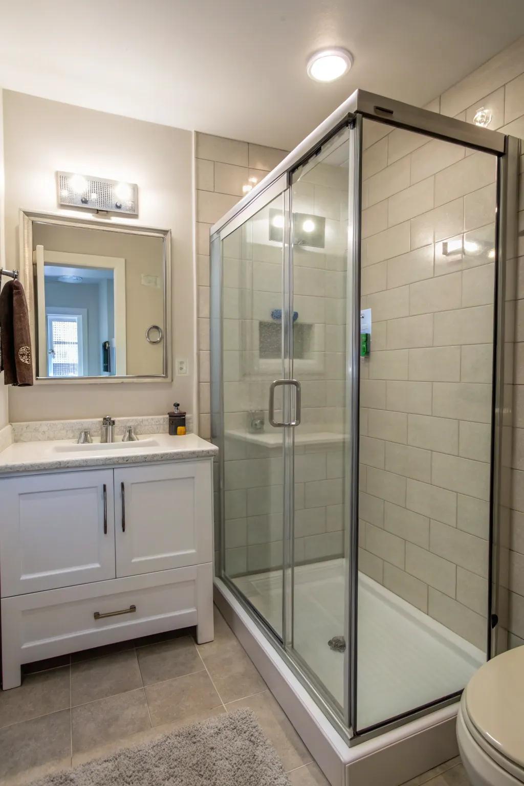 Walk-in shower adding luxury and space-saving benefits.