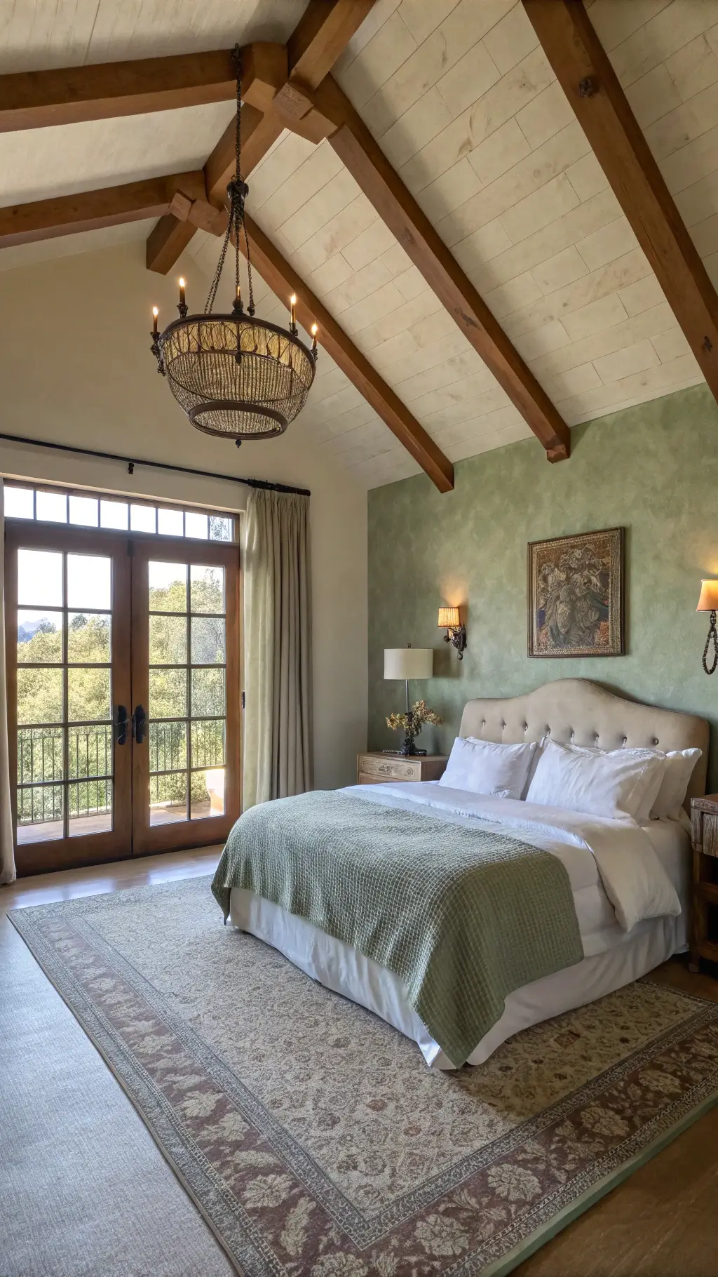 Mediterranean master bedroom with vaulted ceiling, exposed wooden beams, sage green accent wall, king-sized bed with white linens, sisal carpet, and terracotta vessels illuminated by morning light from French doors leading to balcony