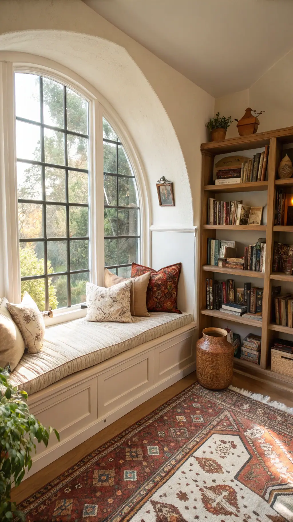 Cozy Mediterranean-themed reading nook with cushioned window seat, decorative pillows, vintage pottery, wooden shelves filled with books, and handwoven rust and cream carpet illuminated by morning light through an arched window