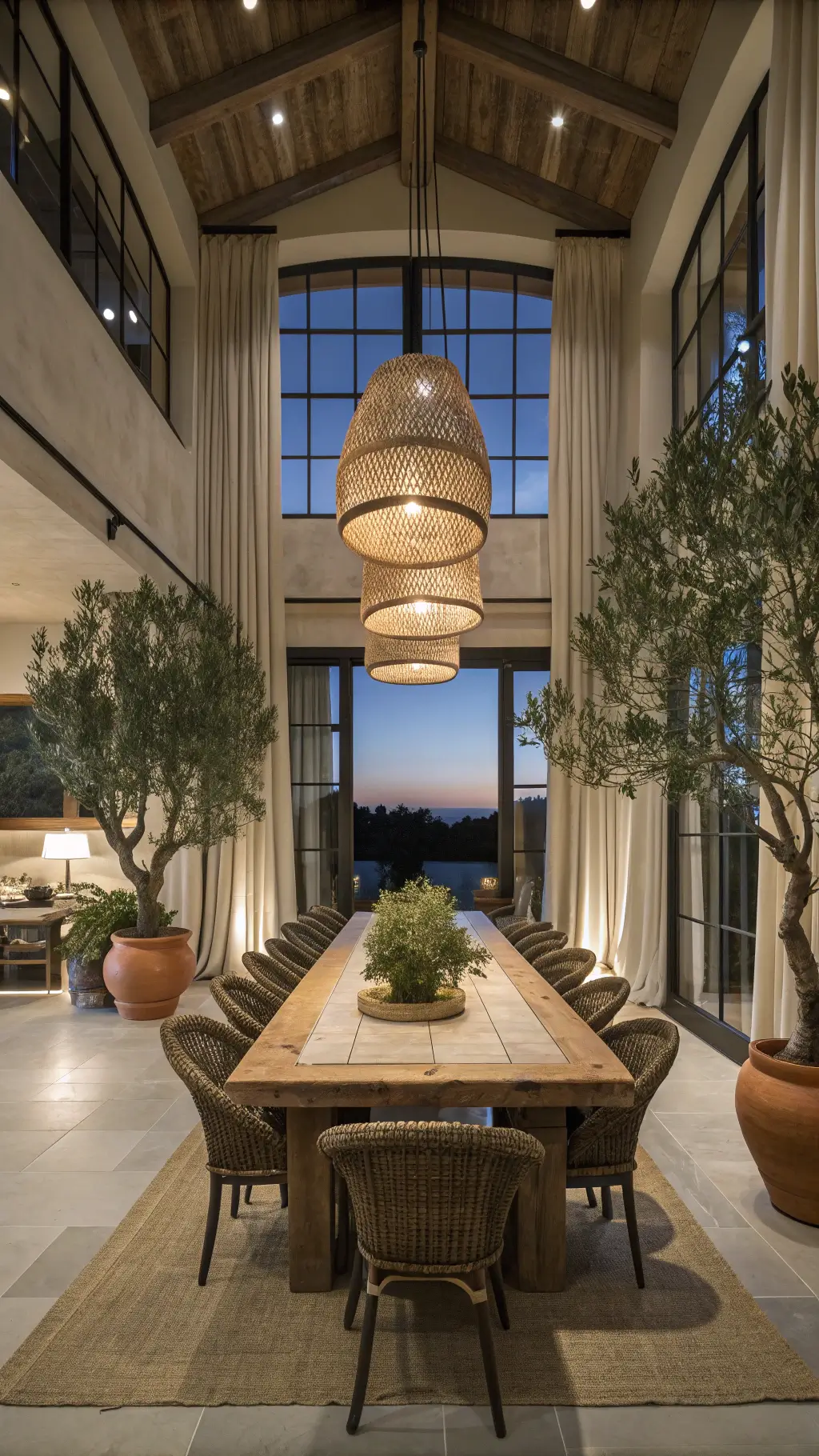 Spacious contemporary Mediterranean dining room with double-height ceiling, floor-to-ceiling windows, long olive wood table, mix of modern and traditional chairs, oversized potted citrus trees, bathed in evening light