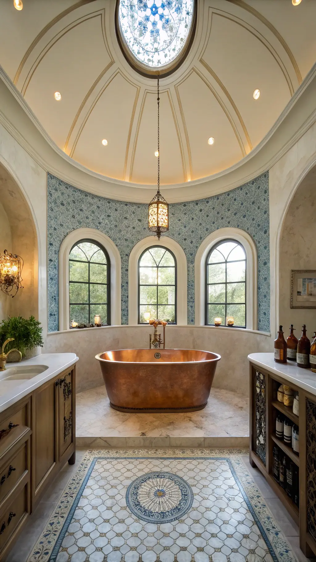 Luxurious Mediterranean primary bathroom with domed ceiling, freestanding copper tub on marble medallion floor, arched niches with candles and vintage bottles, blue zellige tiles bathed in soft diffused light