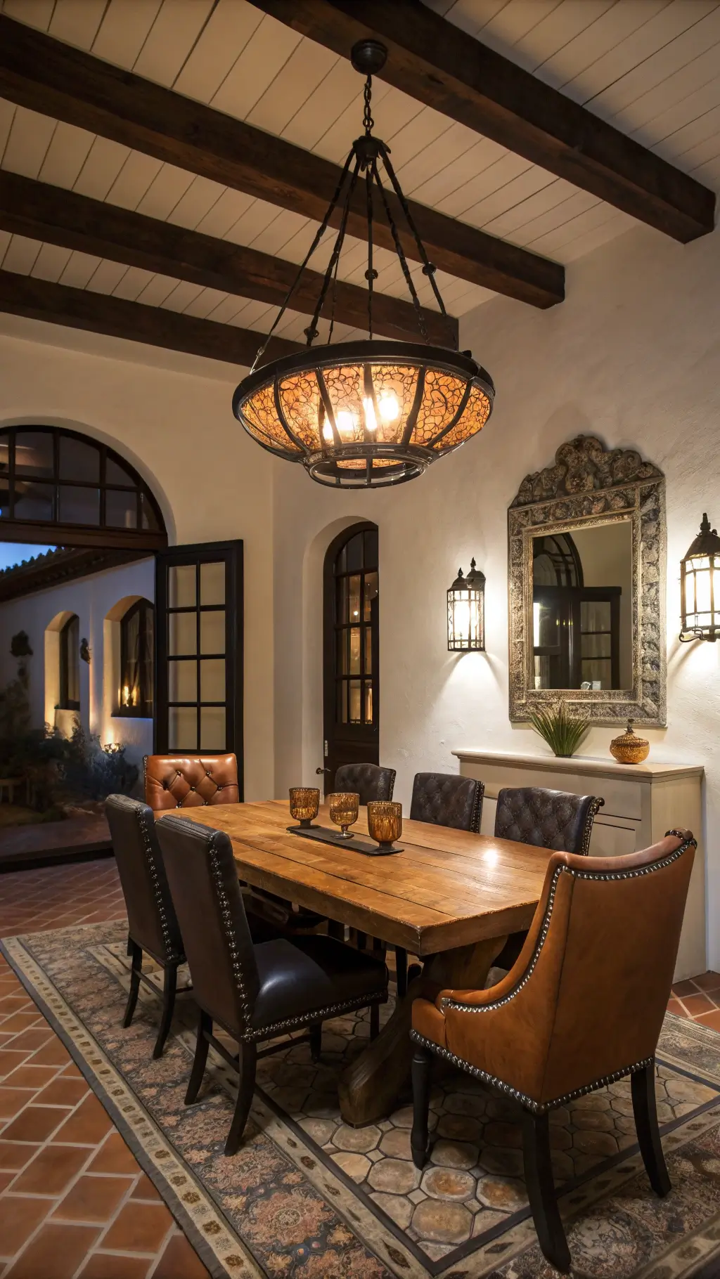 Close-up of Spanish Revival materials including wood, iron, and ceramics