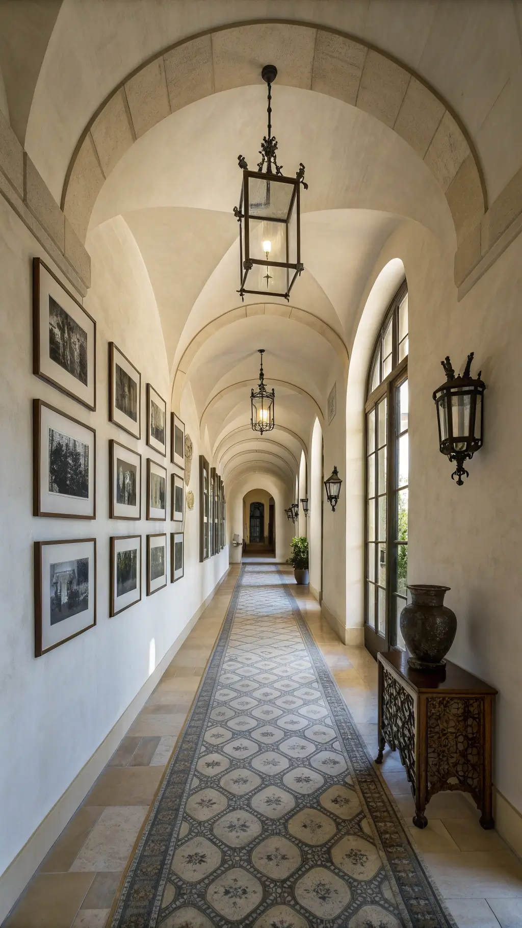 Rustic Spanish Revival outdoor seating area with terracotta and iron details