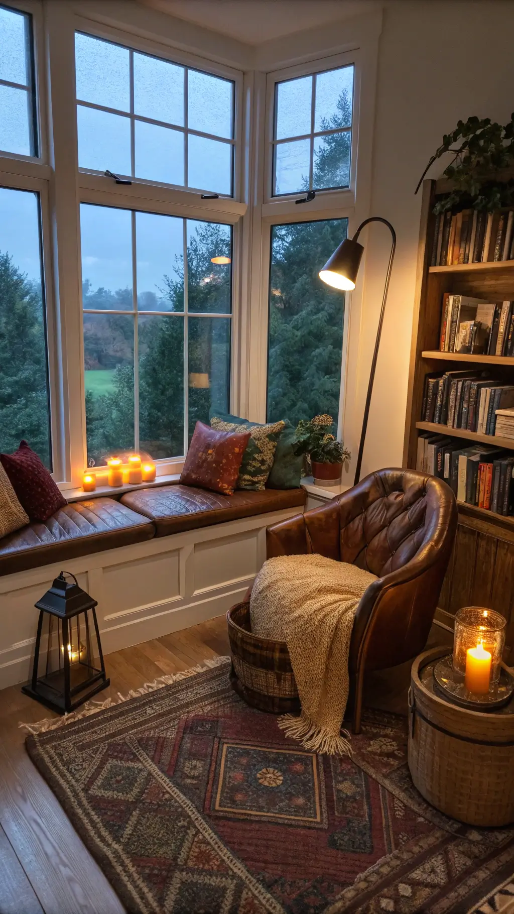 Cozy reading nook with bay window, bronze seat pillows, antique lamp, vintage bookshelf, leather armchair, plaid throw, and copper lanterns at dusk