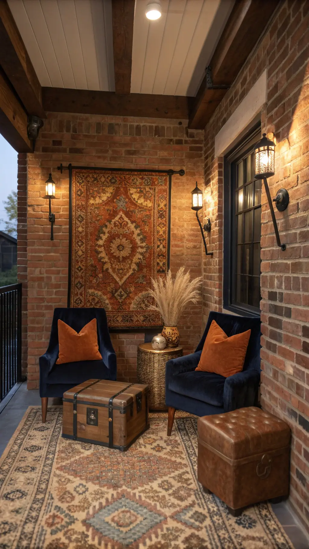 Cozy den at twilight with exposed brick, antique tapestry, black iron sconces, navy velvet armchairs with orange pillows, oversized leather ottoman, vintage trunk side table, and handwoven wool rug