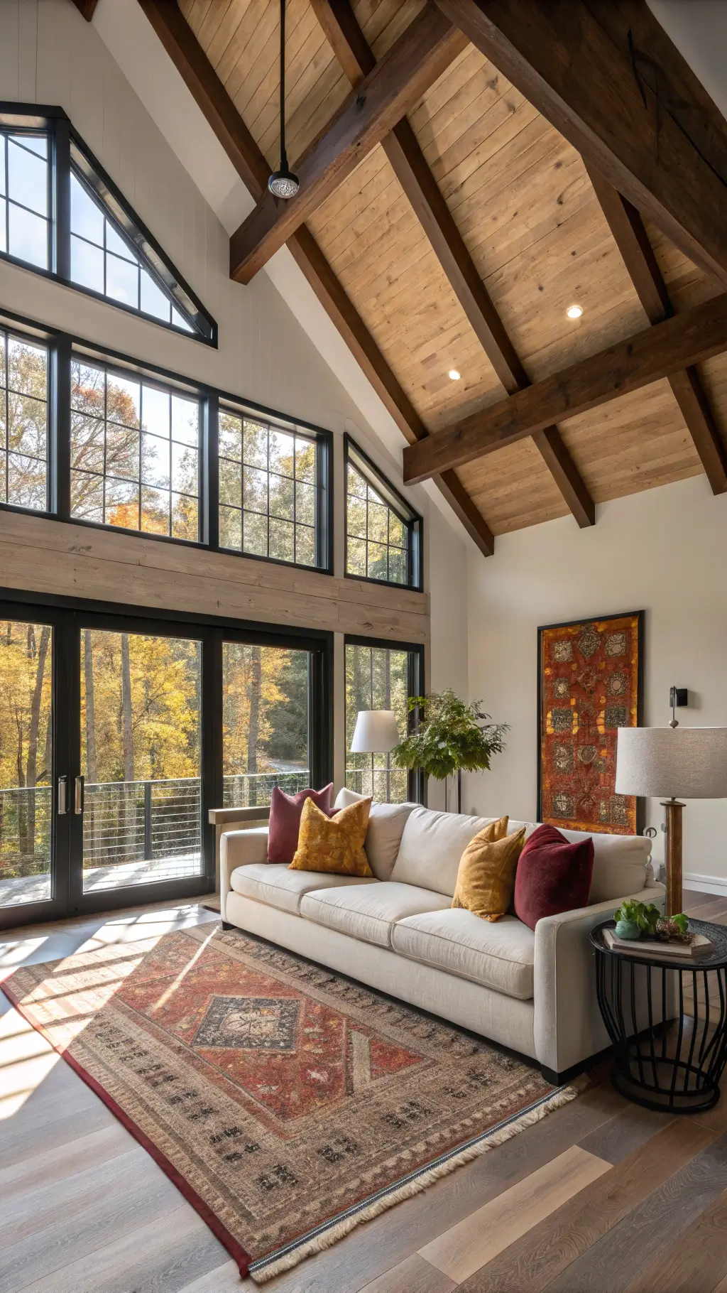 Contemporary great room with high ceilings, exposed wooden beams, cream sofa, textured pillows, black steel-framed windows, layered rugs, minimal brass lamp, autumn art, styled coffee table, ceramics, and botanicals in natural mid-afternoon light
