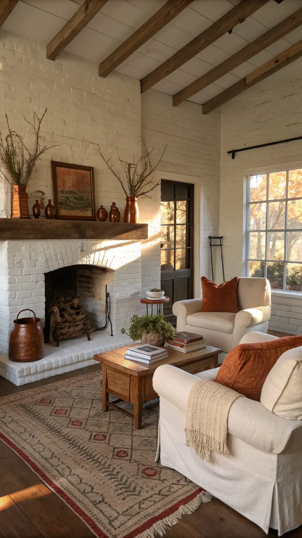 Farmhouse-style sitting room with whitewashed brick fireplace, vintage copper vessels, dried oak branches, slipcovered armchairs, rust-colored velvet pillows, cable-knit throws, distressed wood coffee table, books, amber glass collection, and braided wool rug in neutral tones