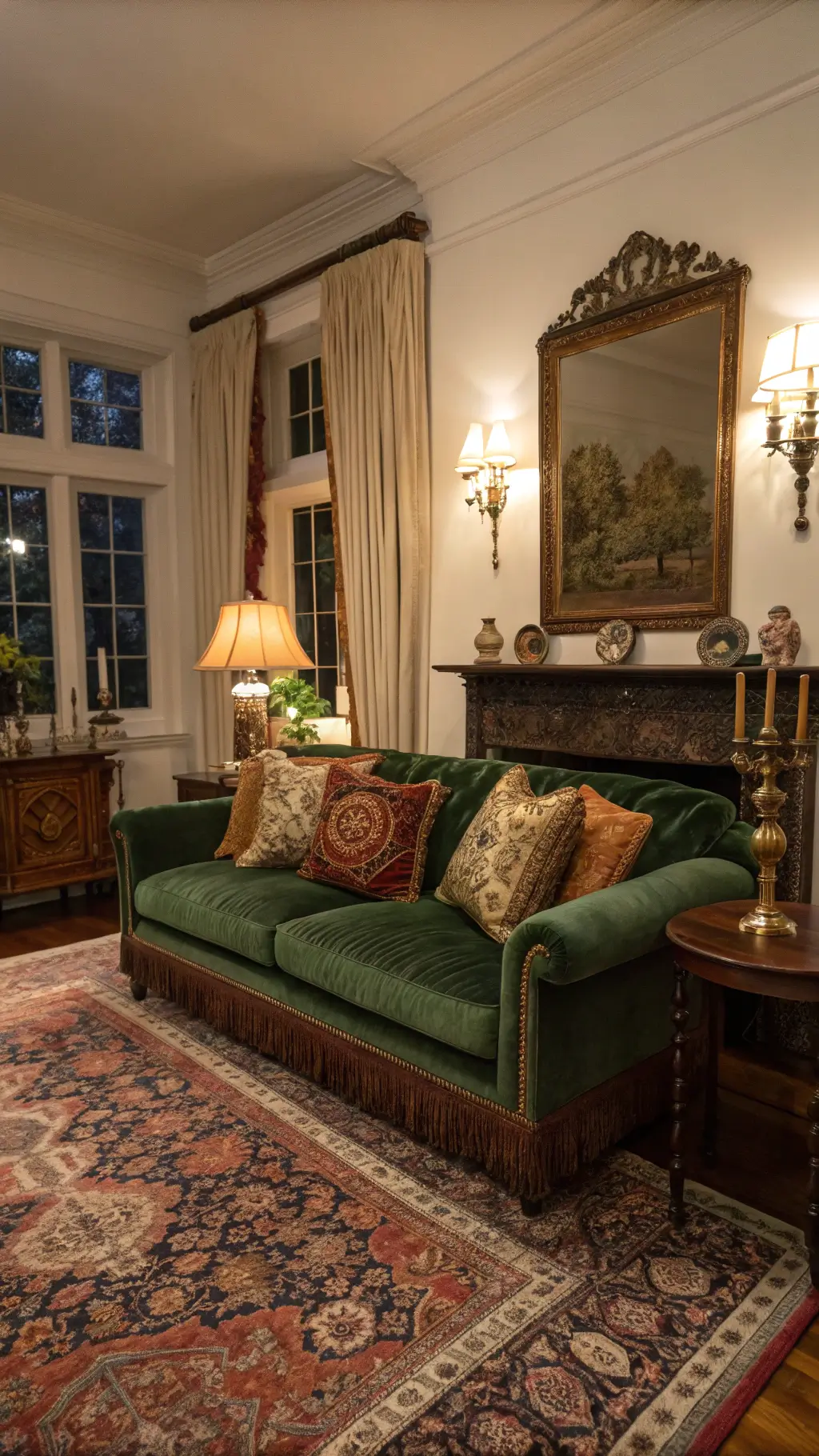 Opulent traditional parlor at dusk with emerald velvet sofa, autumn-themed decor, brass candlesticks on carved wooden mantel, vintage mirror collection, jewel-toned oriental rug, and warm golden silk drapery