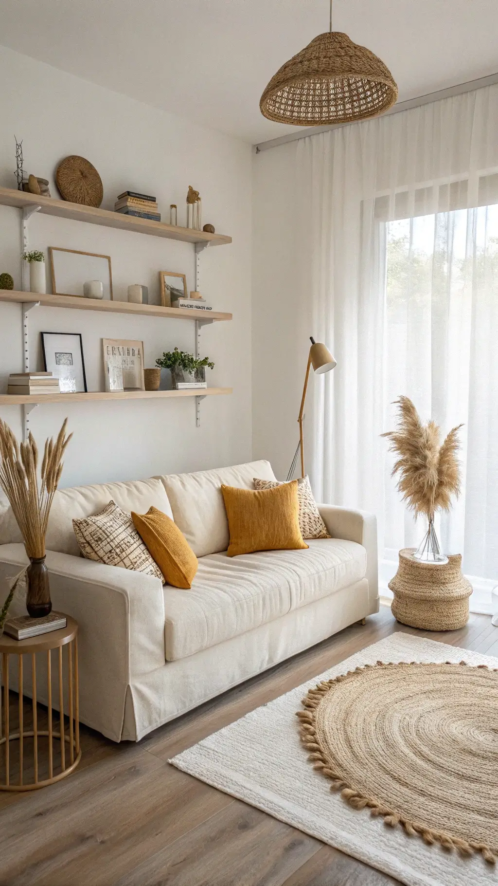 Scandinavian-inspired minimalist living room with cream sofa, rust and mustard pillows, pale oak shelves, white ceramics, dried pampas grass, jute rug, sheepskin, brass floor lamp bathed in diffused midday light