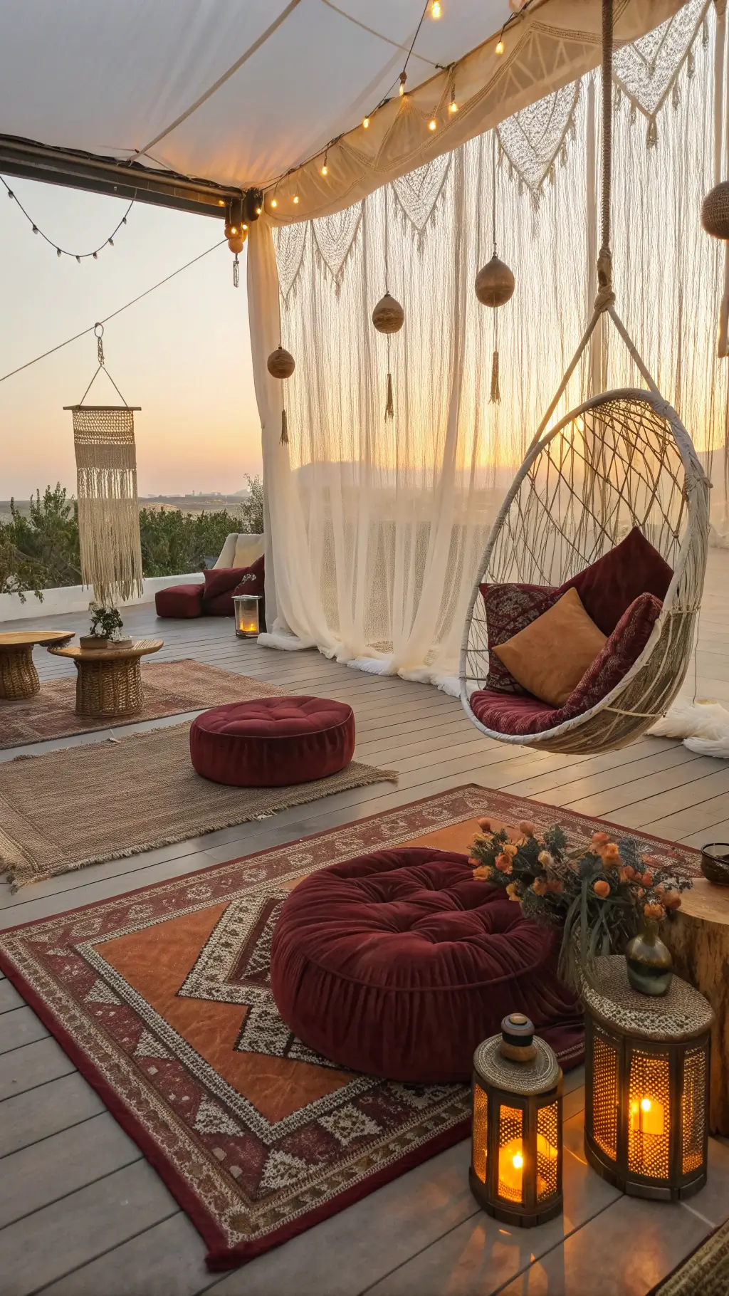 Bohemian-inspired lounge during golden hour with vintage cushions, Moroccan rugs, rattan hanging chair, brass side tables, amber glass lanterns, and vintage vessels with dried flowers