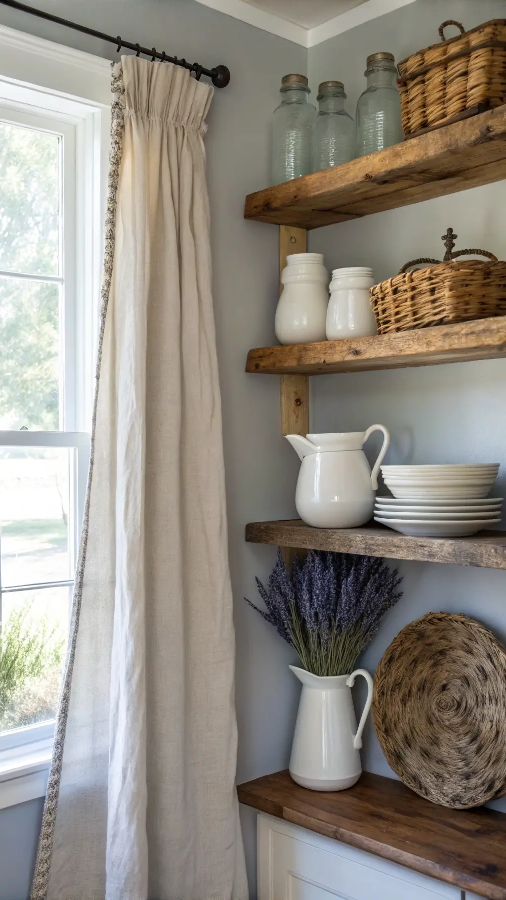 Rustic corner kitchen bathed in soft morning light, featuring floating cedar shelves with white pottery, blue ball jars, dried lavender, vintage bread boards, and seagrass baskets holding linens.