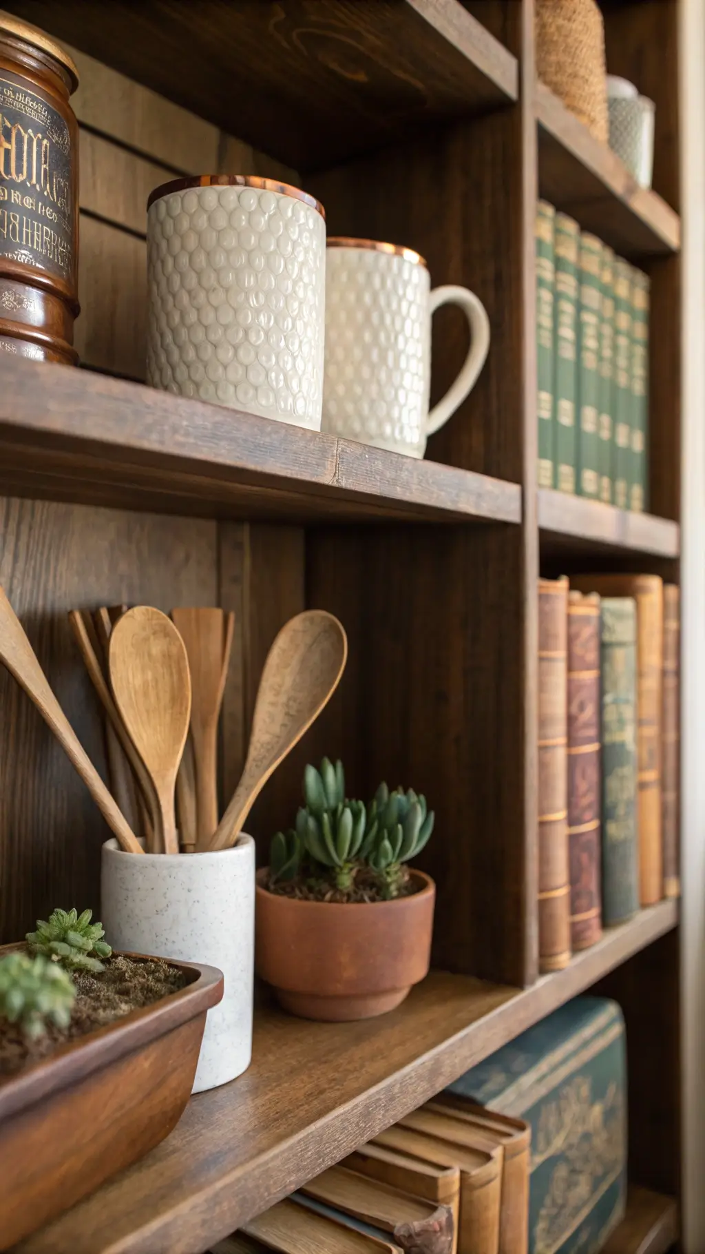 Close-up of walnut shelf bathed in afternoon light, displaying cream pottery, copper mugs, vintage cookbooks, wooden spoons, a ceramic crock, and small succulents.