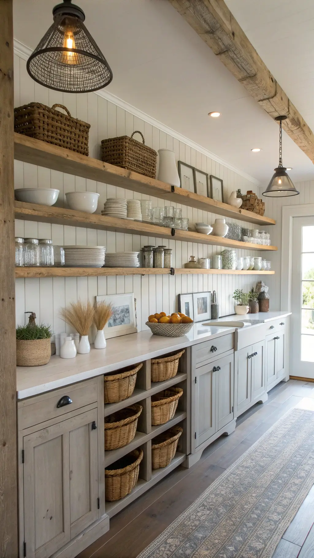 Bright kitchen with floor-to-ceiling distressed pine shelves displaying white dishes, clear jars, woven baskets, vintage pitchers, botanical prints, and dried wheat bundles under warm pendant lighting.