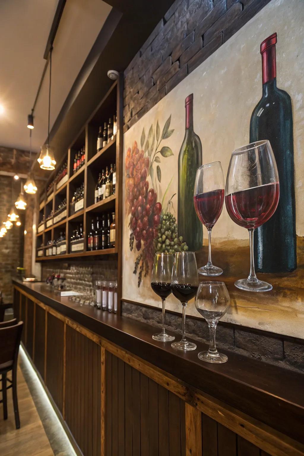 Wine and glass imagery embodies the spirit of a bar.