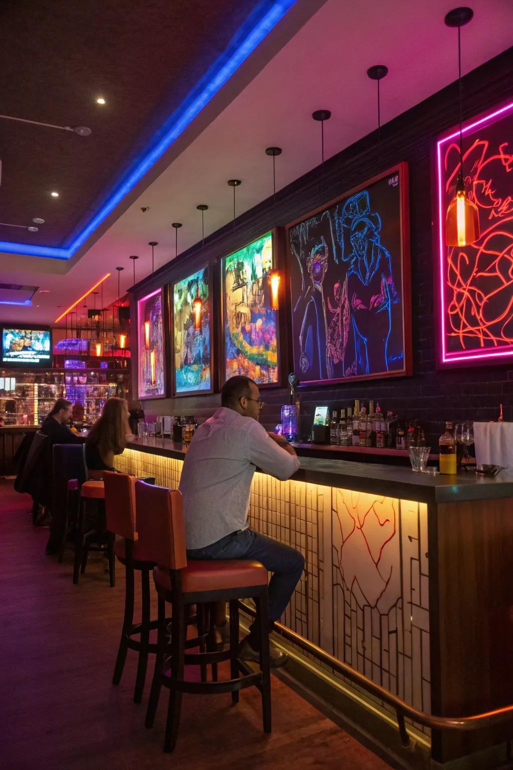 Neon art infuses your bar with lively, glowing energy.