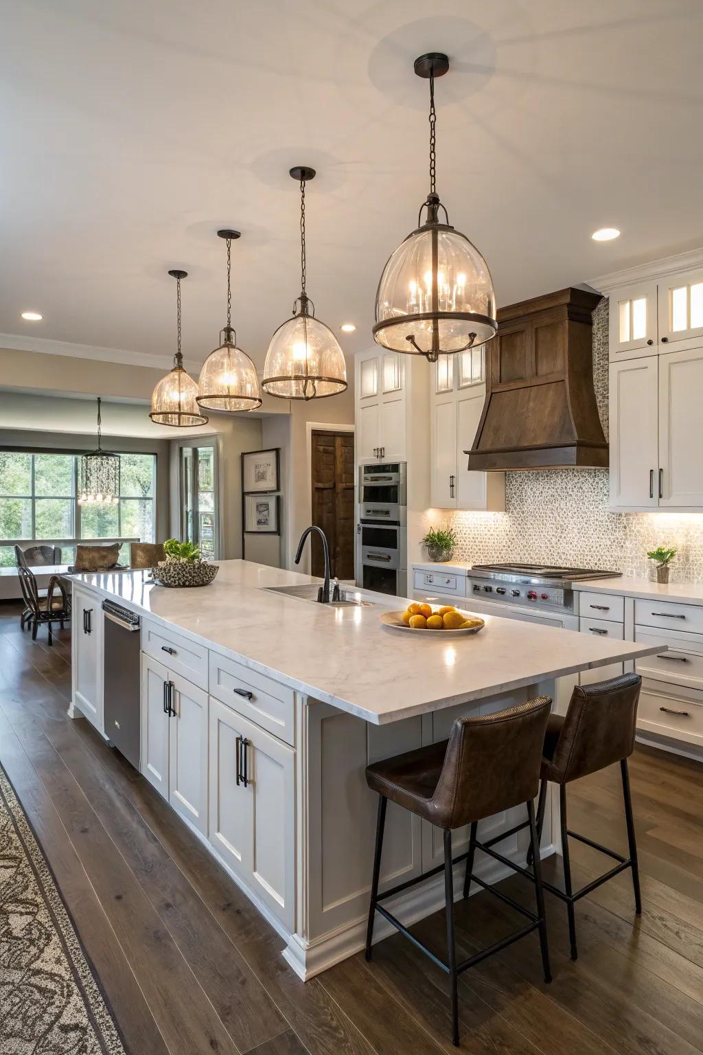 Elegant statement lighting brightens the kitchen.