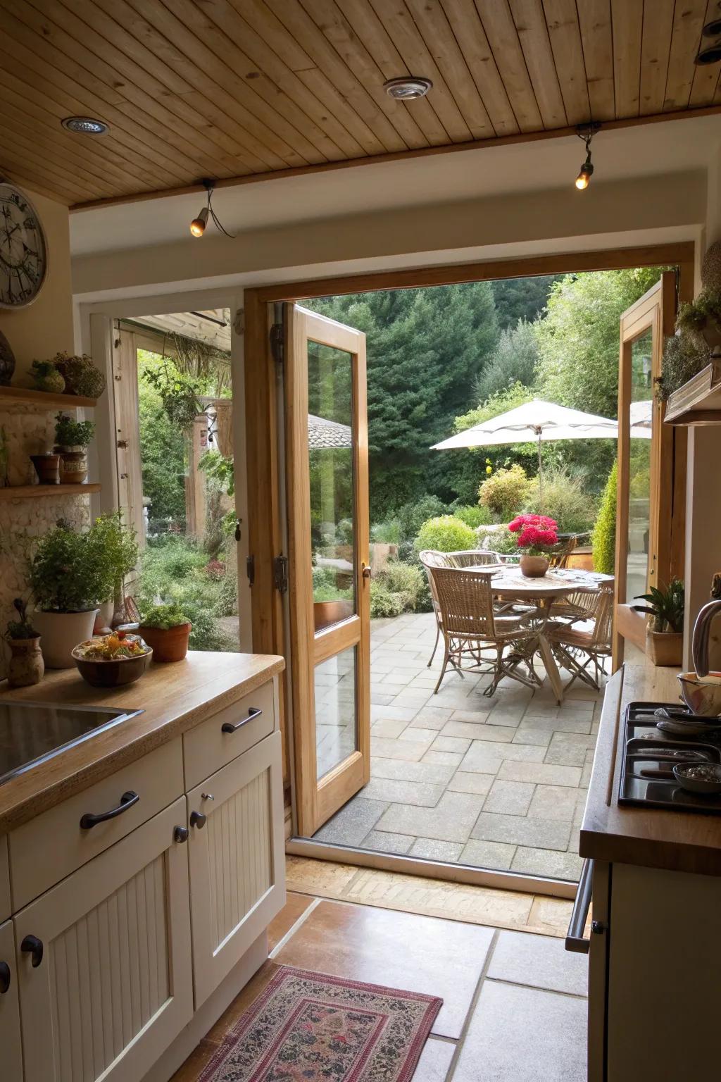 A kitchen opening to the outdoors enhances light and flow.