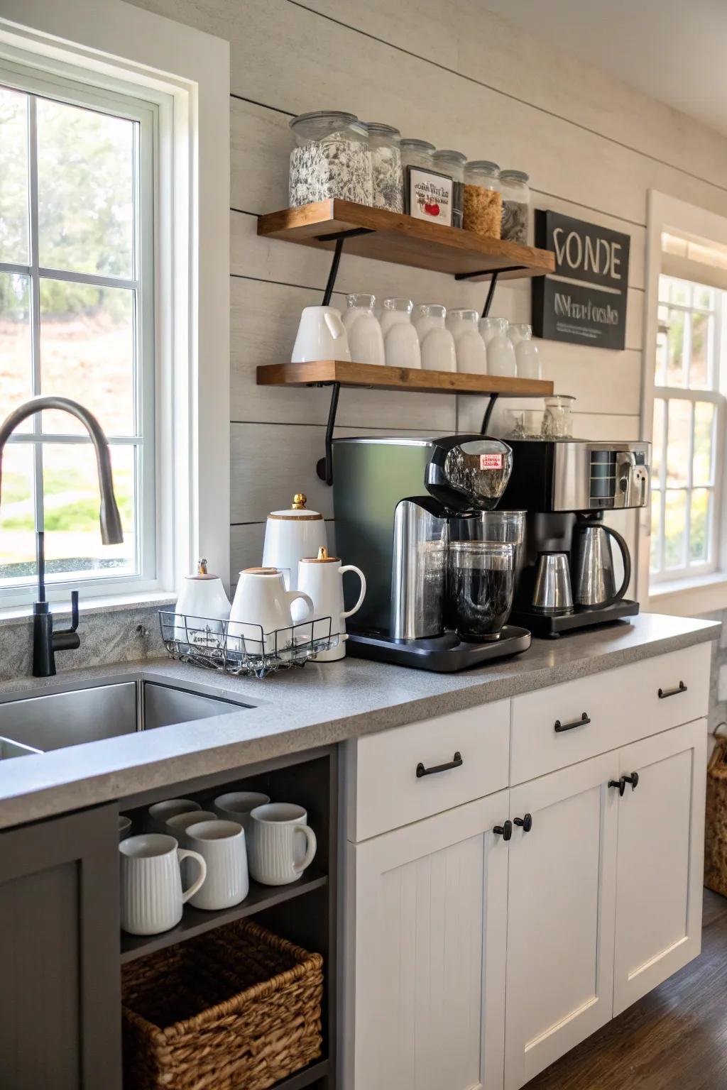 A coffee bar adds convenience and charm to the kitchen.