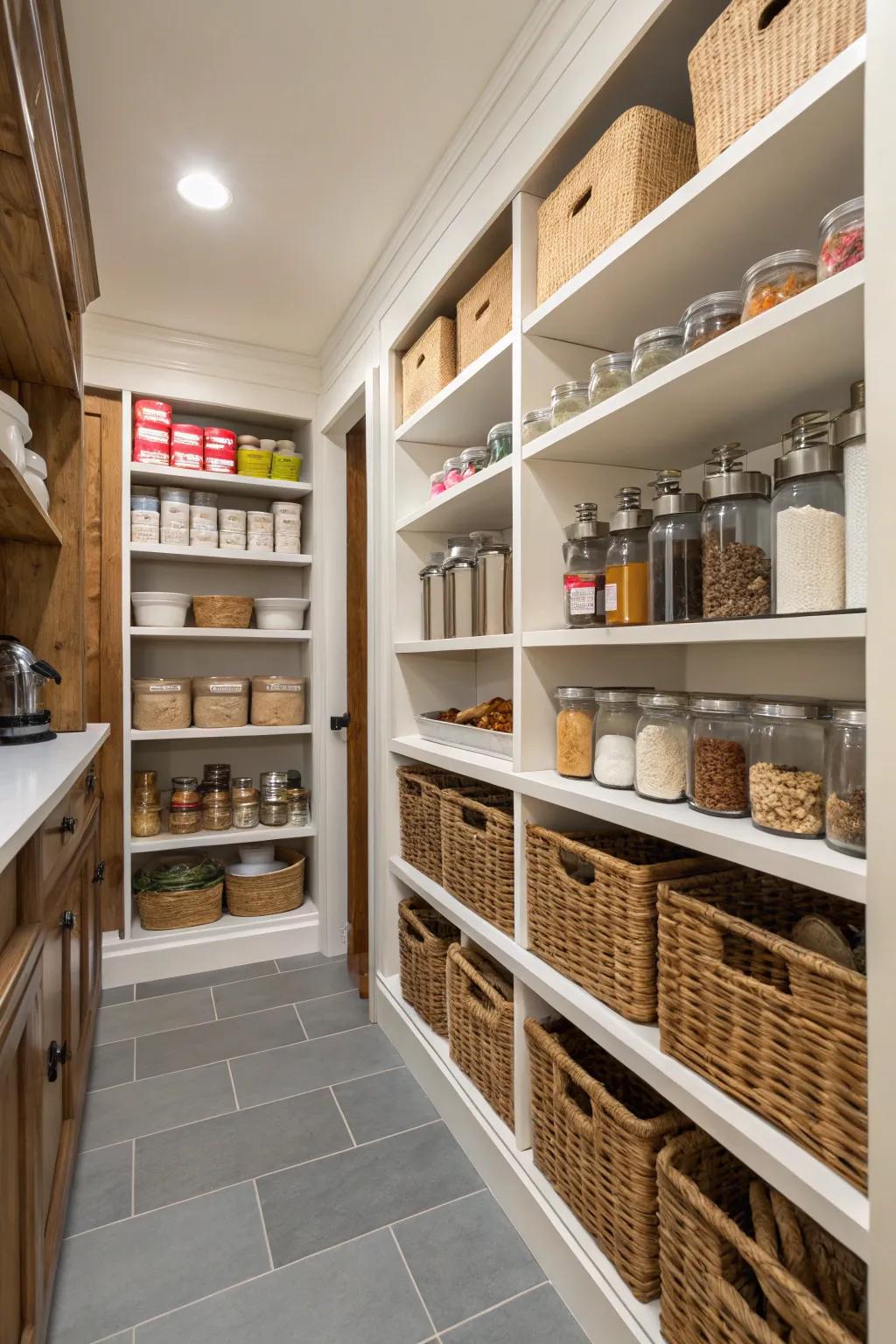 A walk-in pantry offers ample, organized storage space.