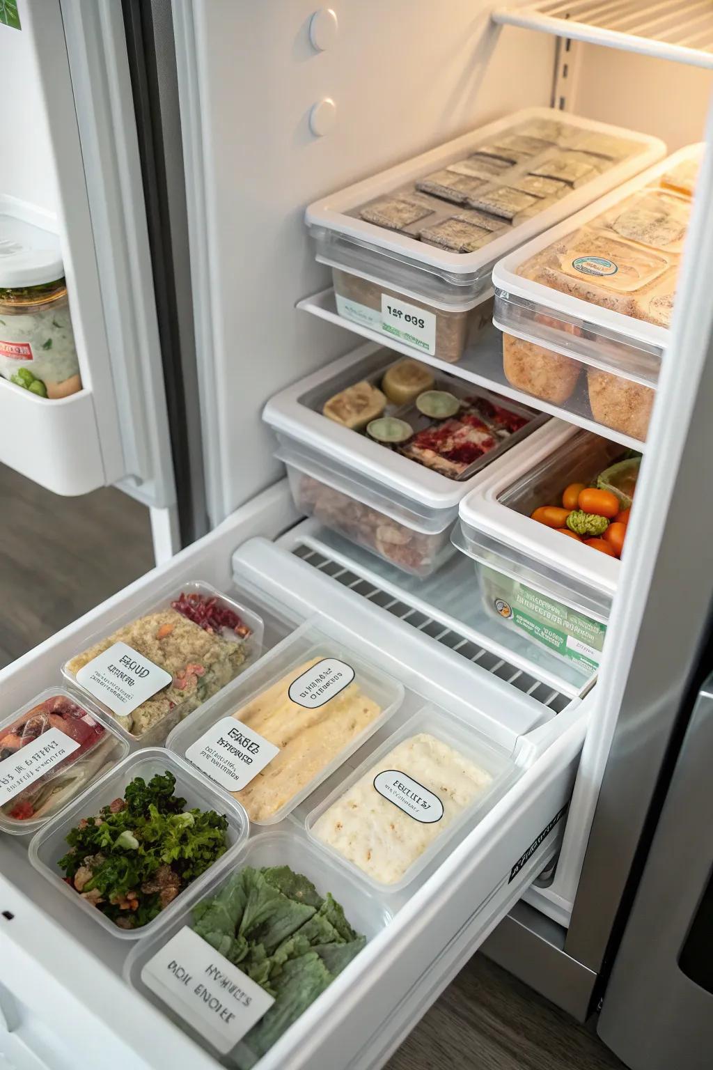 Top freezer compartment organized with quick meal options for fast retrieval.