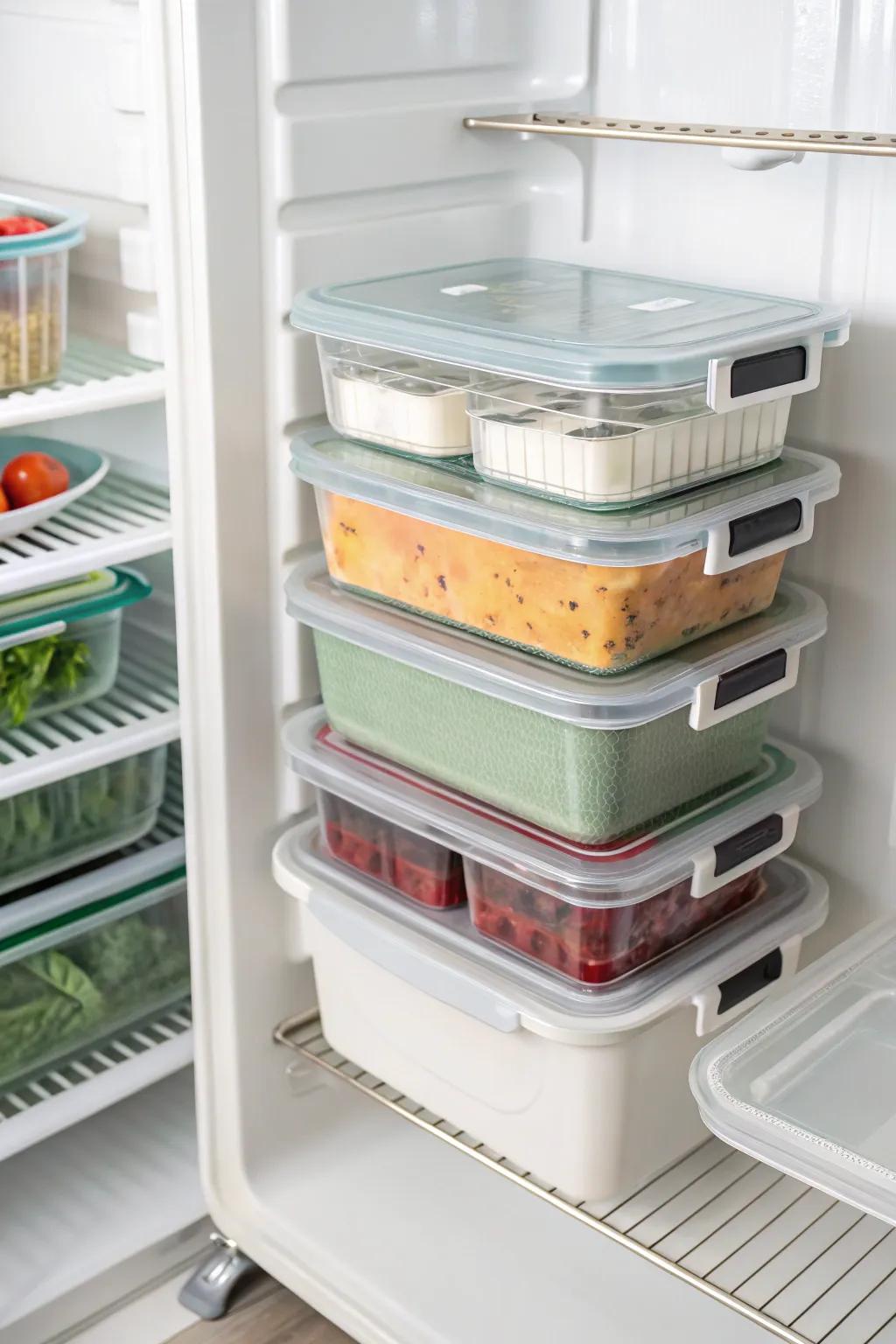 Stacked containers efficiently utilizing vertical space inside a top freezer.