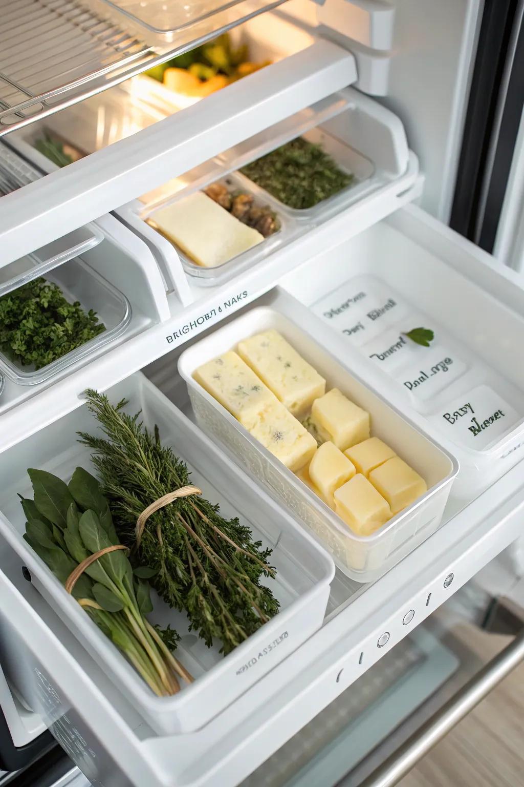 Top freezer door organized with small items like butter and herbs for quick access.