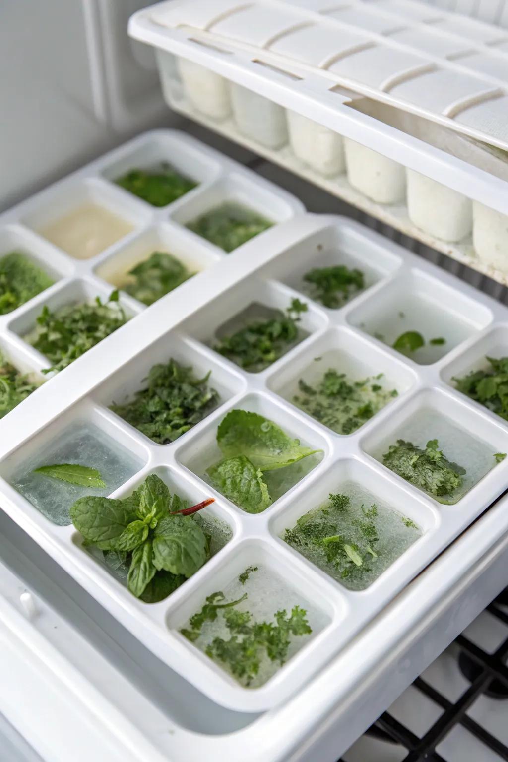 Ice cube trays filled with frozen herbs, preserving flavor in a top freezer.
