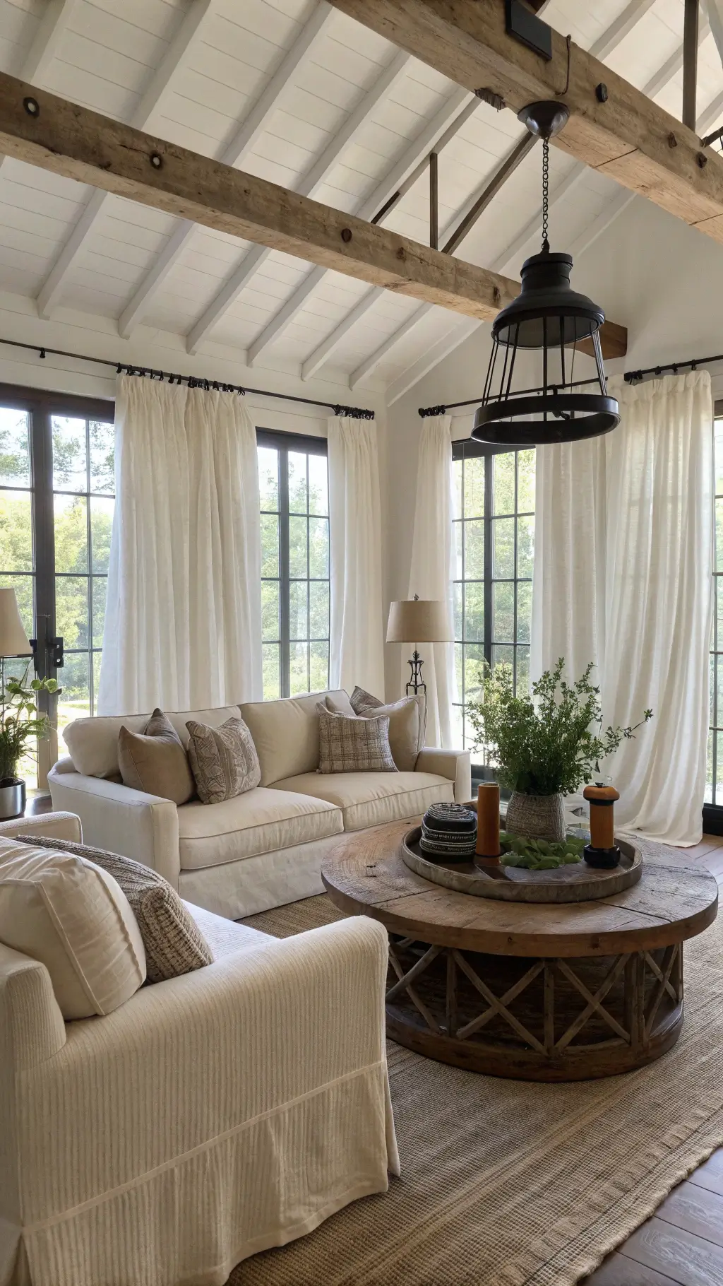 Chunky oatmeal sofa with linen curtains and rustic coffee table in modern farmhouse living room
