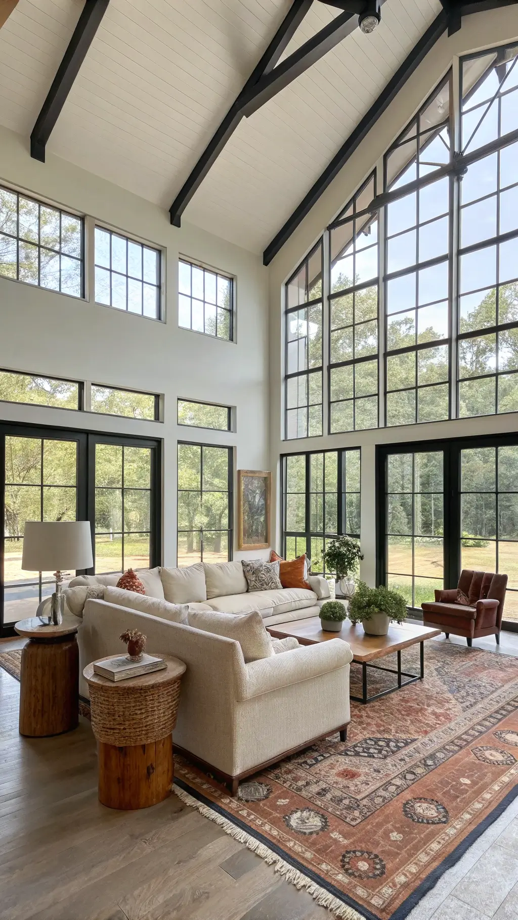 Velvet tufted accent chairs paired with rustic wood frames in farmhouse living room