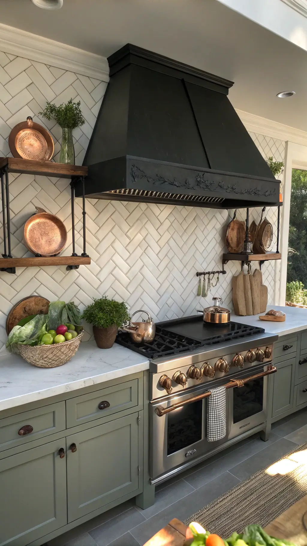professional kitchen workspace with matte black range hood, copper cookware on industrial pot rack, sage herringbone tile backsplash, farmhouse sink, butcher block countertop, marble pastry board, vintage scale, fresh produce in wire baskets